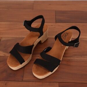 Toms Kiki Strappy Womens US 9 Black Ankle Strap Block Heel Espadrille Sandals